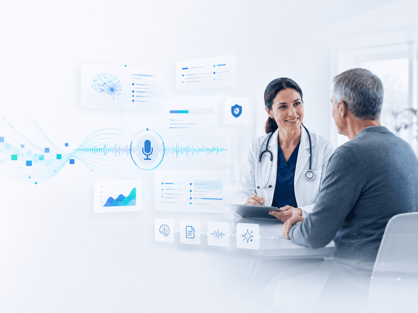 Médica em consulta com apoio de inteligência clínica